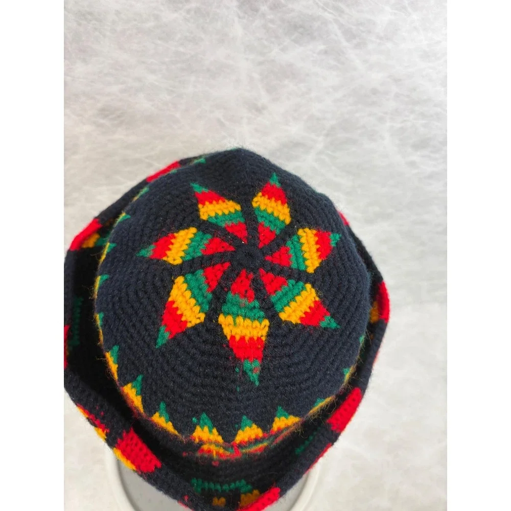 Vintage Handmade Rasta Crochet Bucket Hat Black Red Yellow Green‎ Geometric Star